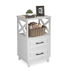 White Nightstand Tall Bedside Table Farmhouse Side Table with Storage Drawers... - Picture 1 of 9