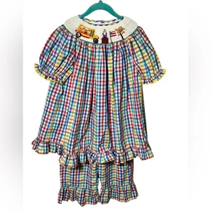 Mom & Me Smocked Fall Back to School Short Sleeve Button Back Ruffle Pant Set - Picture 1 of 6