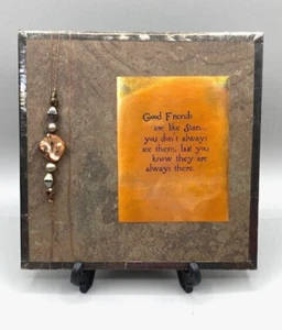 Metal Framed Ceramic Tile Copper Plaque Wire/Stones "Good Friends" 6.5" Sq. Hang - Picture 1 of 5