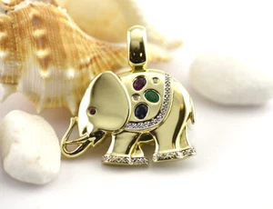 Anhänger Elephant Saphir, Rubin, Smaragd 14 K Gelbgold 27 Diamanten zus. 0,25 ct - Bild 1 von 3