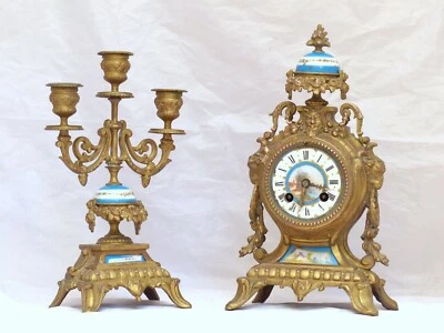 Superbe Pendule Ancienne Régule Doré Plaque Porcelaine SEVRES 19ème Horloge - Photo 1/4