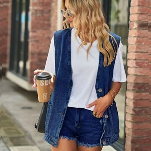 Chaleco de mezclilla para mujer cuello en V sin mangas camisa de jean con botones informal camiseta sin mangas - Imagen 1 de 18