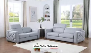 GENUINE Italian Leather Light Blue Gray 2PC Sofa Loveseat Modern Living Room Set - Picture 1 of 7