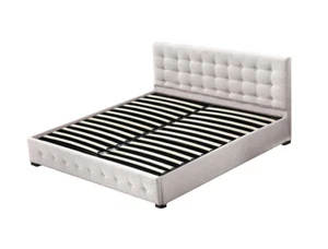 Levede Double Queen Bed Frame Gas Lift Storage Wooden Fabric Mattress Base King - Picture 1 of 40