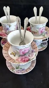 7 oz Coffee 12 Pc Cup Saucer Set Cappuccino Tea PLUS 6 Spoons ROSE