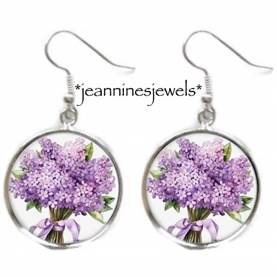 Lilac Flowers EARRINGS Vintage Floral Botanical Art Print Silver Charm Dangle - Image 1 of 4