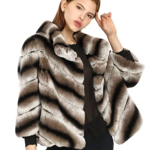 Women Chinchilla Whole Skin Real Rex Rabbit Fur Coat Stand Collar Outwear Jacket - Picture 1 of 3
