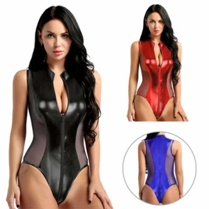 Damen Metallic Leder durchsichtig Netz Reißverschluss Schritt Tanga Turnanzug Body Badeanzug - Bild 1 von 16
