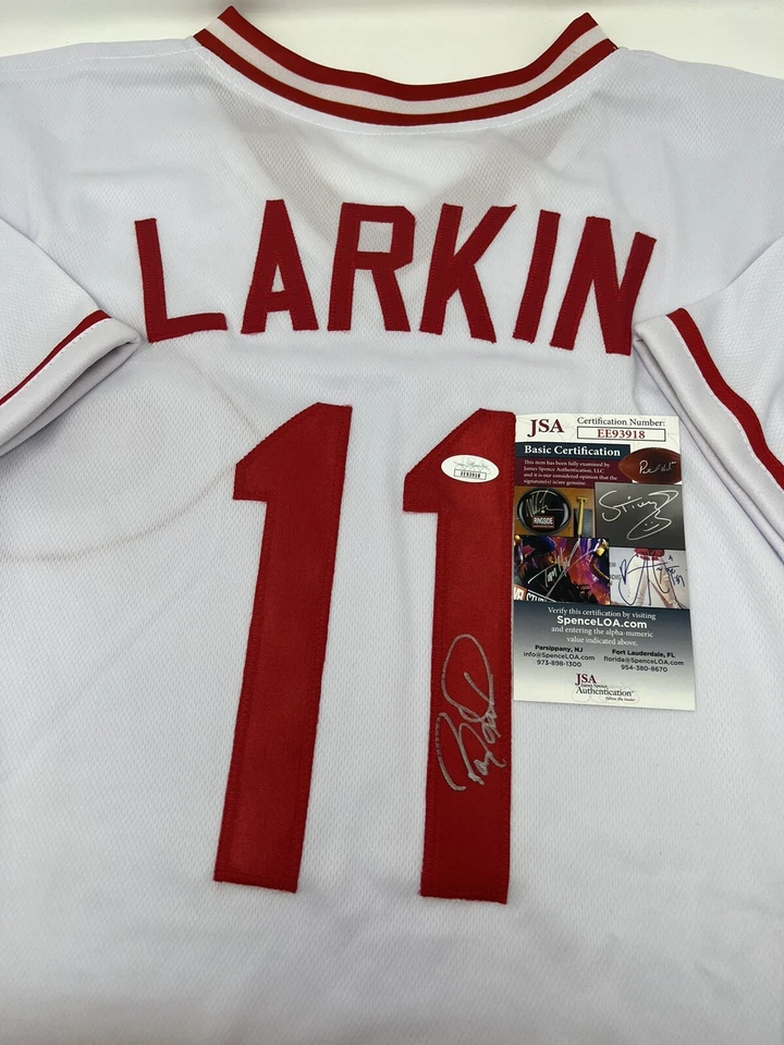 Barry Larkin Hand Signed Autographed Cincinnati Reds White Jersey JSA COA - Image 1 of 4