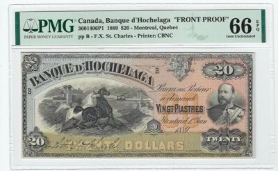 1889  Banque d'Hochelaga, Face Proof $20 Note Cat#3601406P1 PMG  GEM UNC 66   - Image 1 of 2