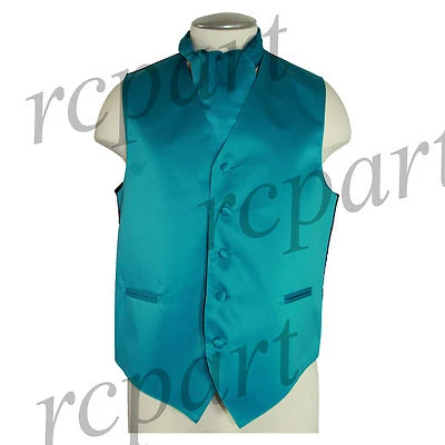 New Men's Formal Tuxedo Vest Waistcoat solid & Ascot cravat teal Prom - Image 1 of 4