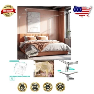 Durable Adjustable Canopy Bed Frame in Stainless Steel - Fits All Mattress Sizes - Picture 1 of 9