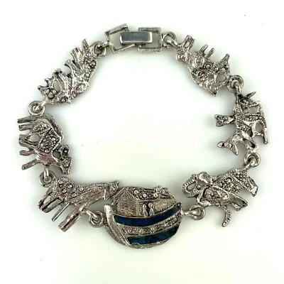 Vintage Genuine Paua Shell Noah's Ark 7" Charm Bracelet Silver and Blue Jewelry - Image 1 of 4