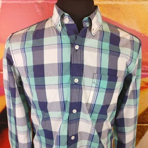 GAP Button Up Shirt Mens Size Small Green Blue White Plaid Long Sleeve - Picture 1 of 11