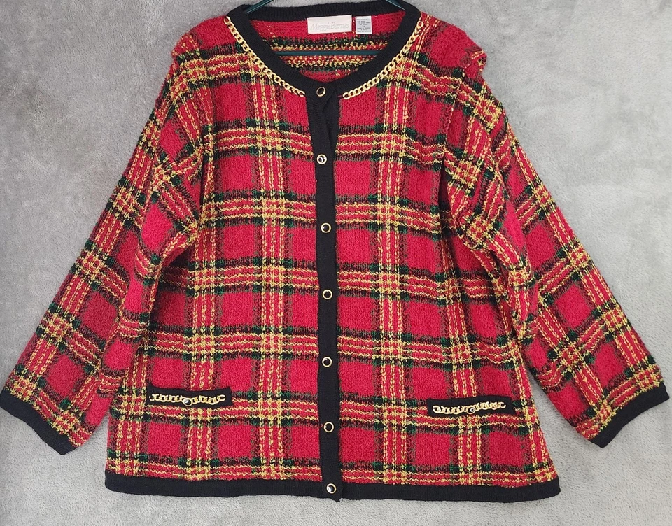 Maggi Barnes Sweater Womens 3X Red Plaid Button Cardigan Gold Chain 80s Vintage - Image 1 of 4