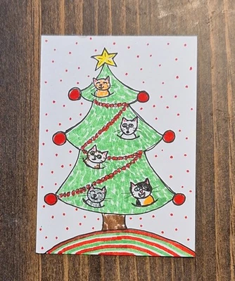 ACEO Original Kittens in a Christmas Tree Cartoon Watercolor Painting - Image 1 of 3