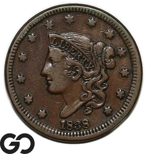 1838 Large Cent, Coronet Head, Very Scarce XF Early Date Copper - Picture 1 of 3