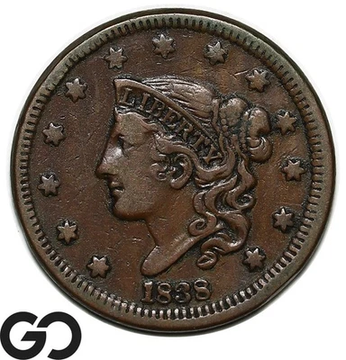 1838 Large Cent, Coronet Head, Very Scarce XF Early Date Copper - Image 1 of 3