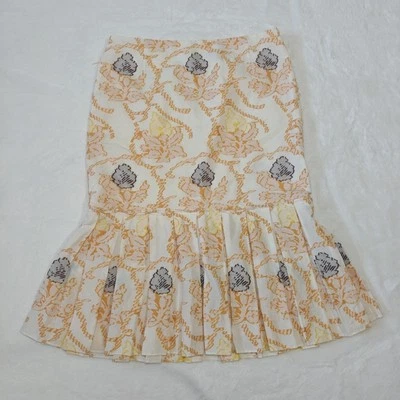 VTG David Meister Sz 4 Trumpet Pleated Midi Skirt Embroidery Floral White Orange - Image 1 of 4