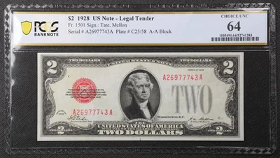 PCGS Choice UNC 64 Series 1928 $2 United States Note A-A block - Image 1 of 2