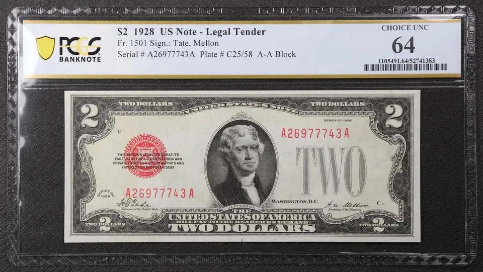 PCGS Choice UNC 64 Series 1928 $2 United States Note A-A block - Image 1 of 2