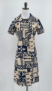 McMullen Vintage Tan Blue Ethnic Print Double Breasted Casual Dress Sz 12 - Picture 1 of 7