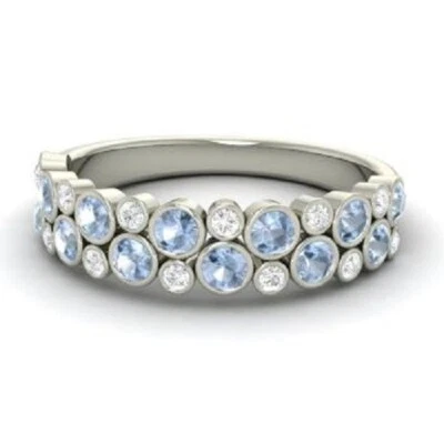 1.00 Ct Round Cut Real Aquamarine & Diamond Eternity Band 14K Solid White Gold A - Image 1 of 4