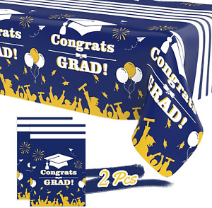 2Pcs Graduation Tablecloth, Graduation Party Decorations 2024, Blue and Gold Gra