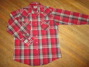 vtg 80s ELY CATTLEMAN WESTERN SHIRT Red Black Plaid Pearl Snap Mens LARGE - Picture 1 of 6