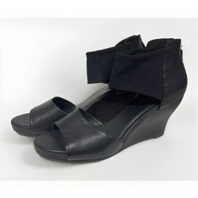 Eileen Fisher Black Leather Sandals Sz 9 Crisscross Wedge Platform $220 NEW - Image 1 of 4