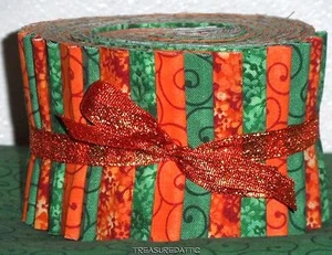 Tessuto Jelly Roll verde salvia arancione mix vortice mix floreale strisce trapuntate 2,5" - Foto 1 di 9