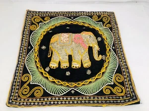 Vintage Thai Burmese Kalaga Tapestry Elephant Embroidered Beaded 13”X 13” - Picture 1 of 13