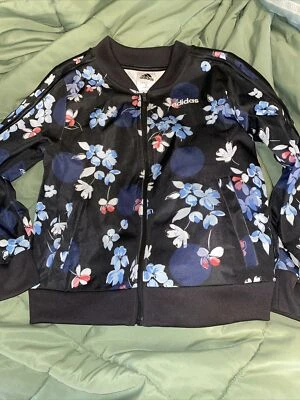 Chaqueta deportiva floral negra y azul con cremallera completa - niñas talla 10/12  Foto 1 de 4