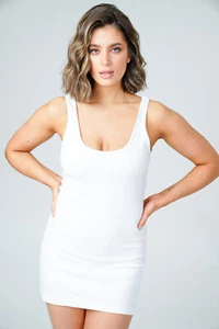 Weißes figurbetontes Trägerkleid Damen kurz mittel Weste Longline Baumwolle Oberteil U-Ausschnitt - Bild 1 von 12