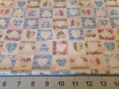 35" X 44" VINTAGE "I LOVE YOU"CUTE SAYING  PINK & BLUE HEARTS MUSIC/ FABRIC TRAD - Image 1 of 3