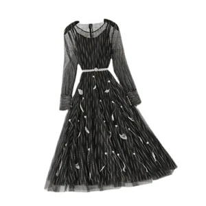 Mujeres Vestido Midi de Malla Transparente Hada Manga Larga Lentejuelas Pluma con Cinturón Ajuste de Fiesta - Imagen 1 de 16