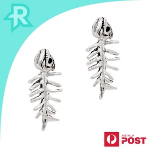 Fish Skeleton Sterling Silver 925 Stud Earrings - Picture 1 of 6