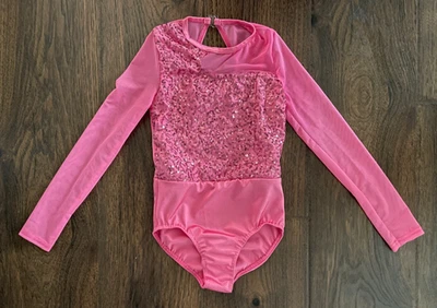 WEISSMAN Girls LEOTARD Gymnastics Dance PINK Sequin Long Sleeve Size SC (6/6X) - Image 1 of 3