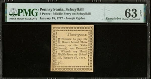 1777 PENNSYLVANIA Schuylkill Joseph Ogden Colonial Currency Bank Note, PMG 63 - Picture 1 of 6
