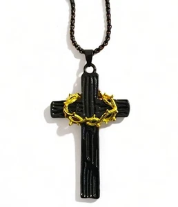 NEU - 14KT VERGOLDET EDELSTAHL KREUZ HALSKETTE 24 ZOLL - SCHWARZ - Bild 1 von 4