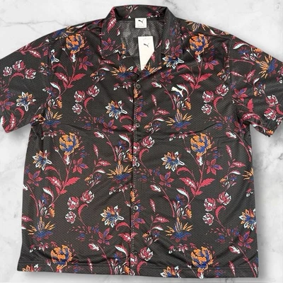 PUMA 运动花卉纽扣衬衫男式 XL 休闲短袖领上衣全新带标签 — 第 1/4 张图片