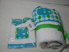 2 pcs MUDPIE INITIAL "E "  Hood Bath Towel and Burp Cloth Blue/Green ARGYLE NEW