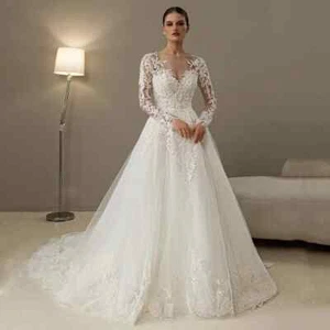 Luxury Beading Wedding Dresses Scoop Neck Long Sleeved Lace Applique Bridal Gown - Picture 1 of 12