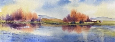 5”x14” Original Pamela Wilhelm Whimsical Long Narrow Watercolor Boat Lake Farm Foto 1 de 4