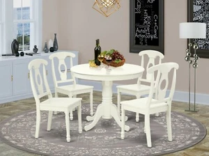5pc dinette kitchen dining set table with 4 wood seat chairs in linen white - Picture 1 of 10
