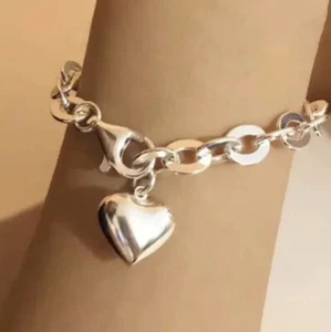 S925 Silver Big Heart Charm Chunky Bohemian Bracelet For Woman Her Girls - Picture 1 of 9