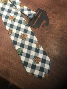 KRIZIA UOMO Silk Tie Green/White Check Gold Flowers MINT - Picture 1 of 2