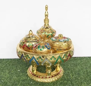 Vintage Style Thai Lanna Betel Nut Handmade Khantok Set Wooden Lacquered &Gilded - Picture 1 of 12
