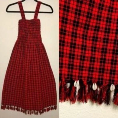 Real Seashell Fringe Hem Plaid Shirring Dress Red - Image 1 of 4