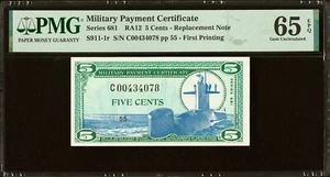 Series 681 Military Payment Certificate MPC 5¢ PMG 65 EPQ *Replacement Note!* - Picture 1 of 2